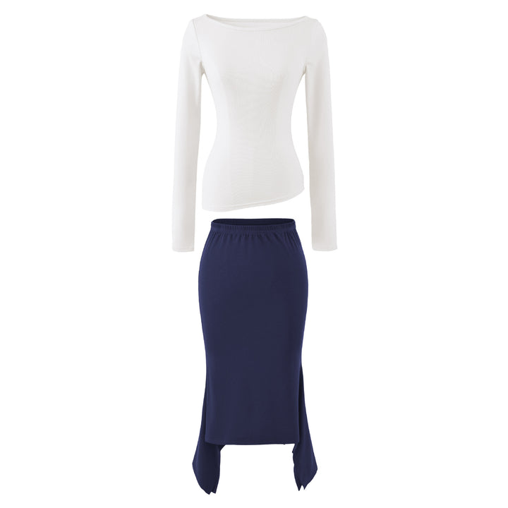 Women's Two-Piece Set with Fitted Long Sleeve Top and Maxi Skirt with Slit Mune Fashion