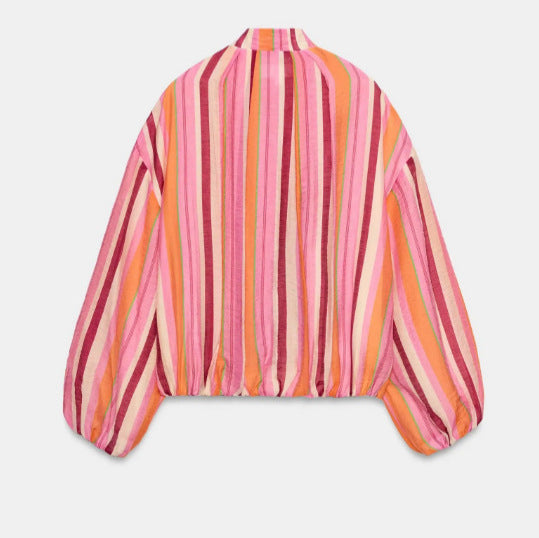 Women's Light Striped Cropped Bomber Jacket with Balloon Sleeves and Zipper Mune Fashion