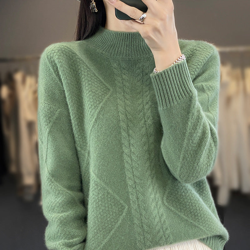 Women's Soft Cable Knit Mock Neck Sweater with Structure Patches and Fluffy Mohair Look Mune Fashion