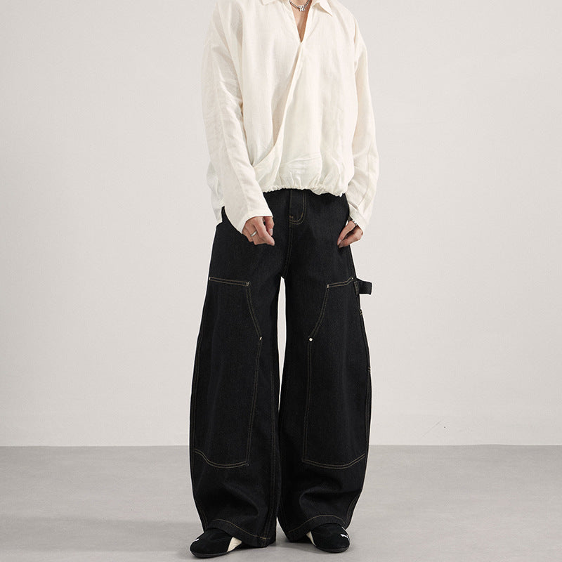Men's Wide-Cut Carpenter Denim Palazzo Pants with Distinctive Seam Panels Mune Fashion