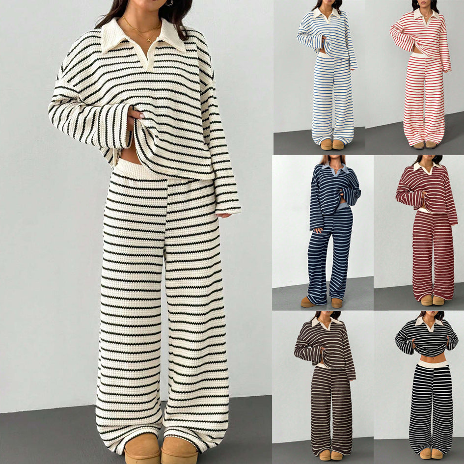 Women's Knitted Loungewear Set with Polo V Neck, Bell Sleeves, and Wide High-Cut Trouser Leg Mune Fashion