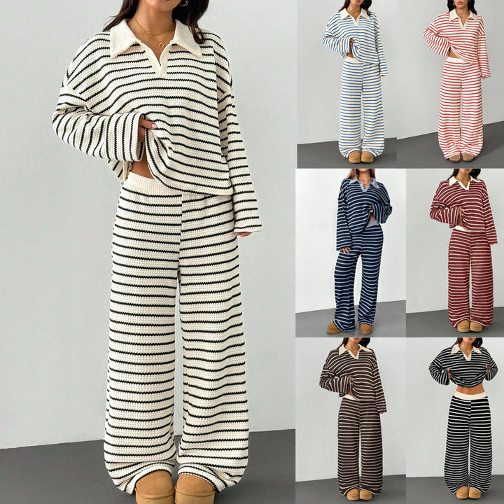 Women's Knitted Loungewear Set with Polo V Neck, Bell Sleeves, and Wide High-Cut Trouser Leg Mune Fashion