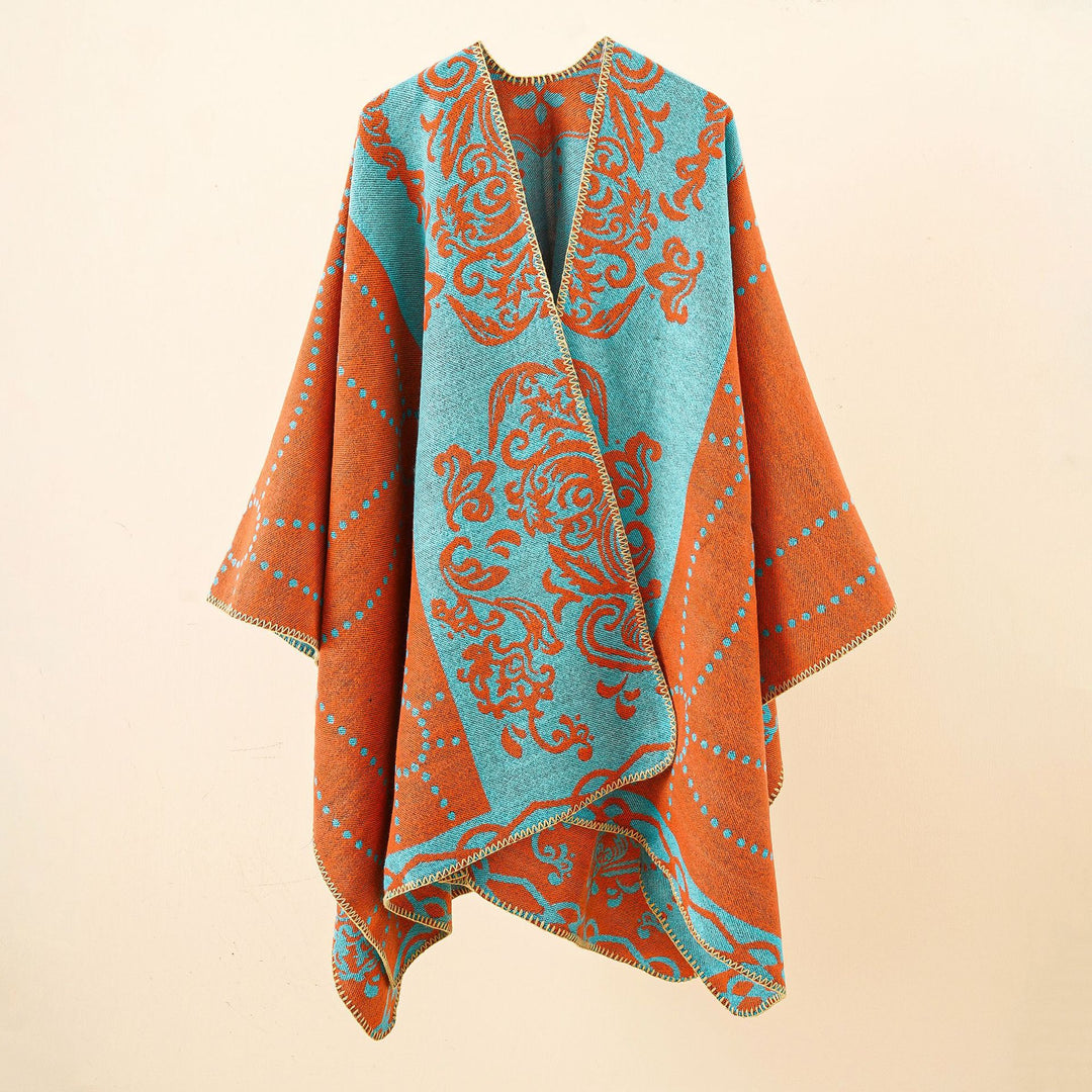 Women's Jacquard Ruana in cape style with contrasting chain hem Mune Fashion