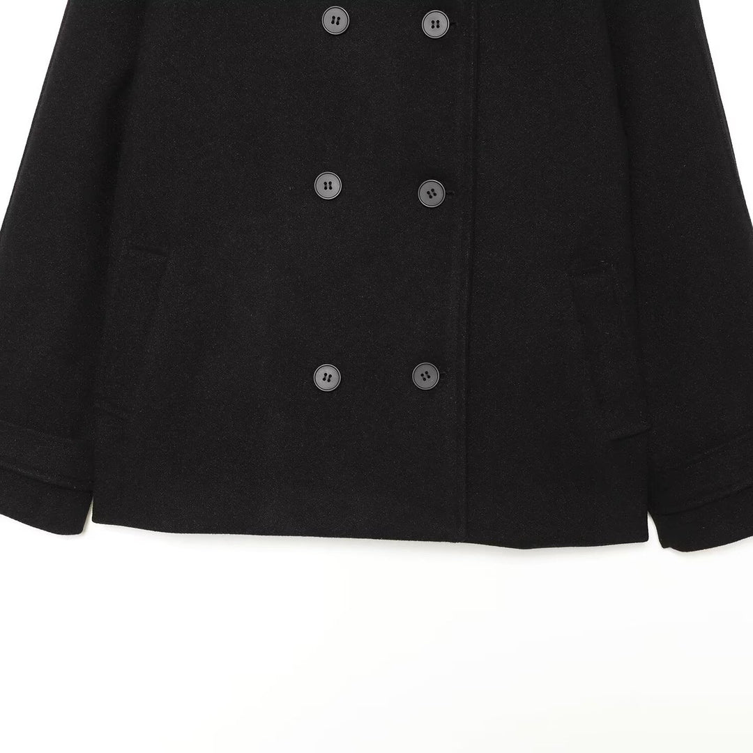 Women's Short Double-Breasted Wool Blend Cape Coat with High Stand Collar Mune Fashion