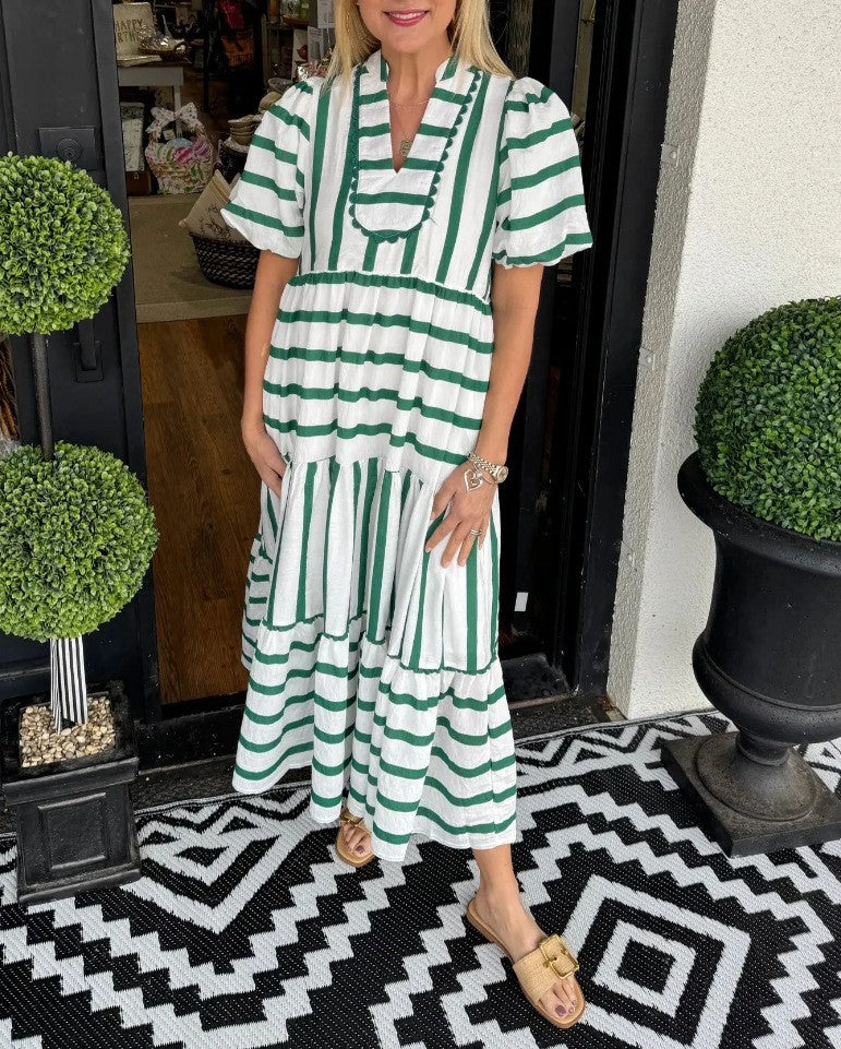 Women Striped Maxi Dress with Tiered Skirt, Ruffle Trim and Puff Sleeves Mune Fashion