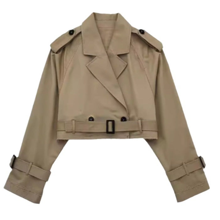Women's Cropped Trench Coat with Waist Belt, Epaulettes, and Adjustable Sleeve Straps Mune Fashion