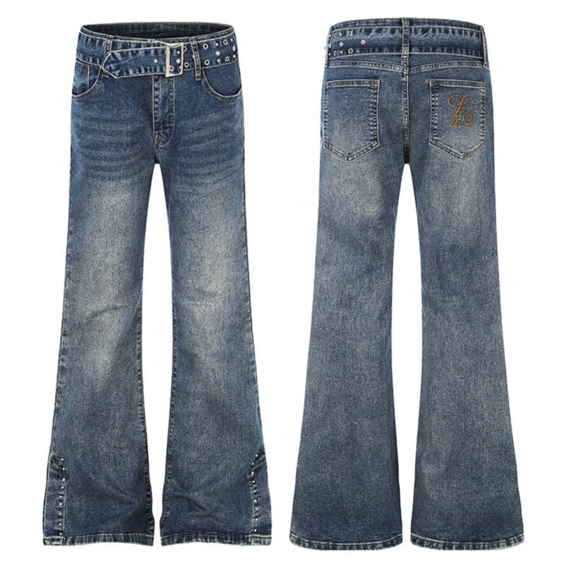 Women's High-Waist Flared Denim Jeans with Studded Detail, Wide Flare and Decorative Belt Mune Fashion