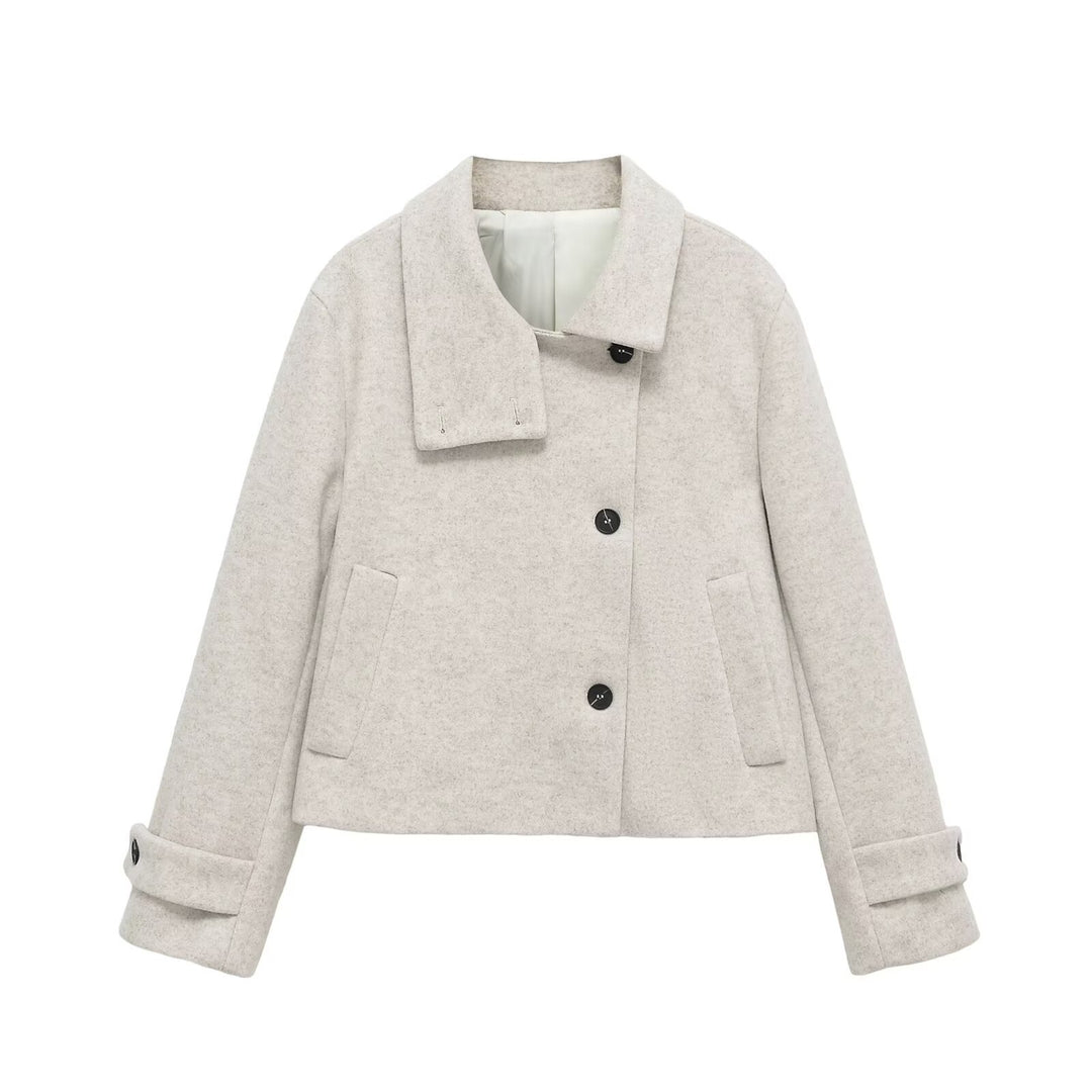 Ladies short wool blend jacket with shawl collar, boxy shape and adjustable cuffs Mune Fashion