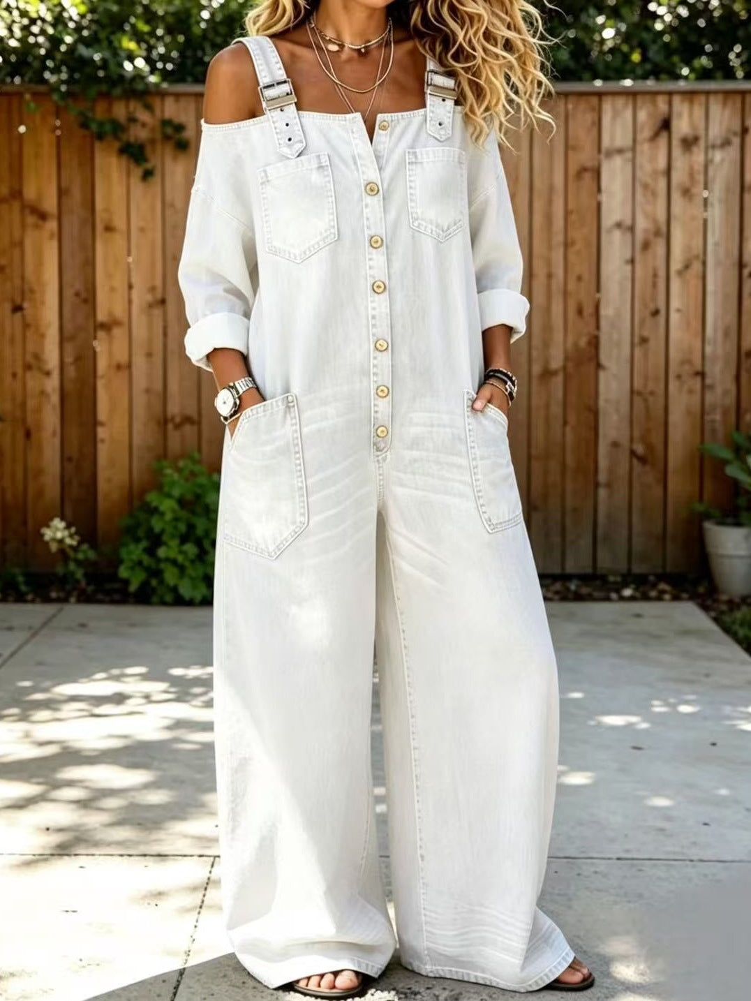 Women's Stylish Denim Overall with Off-Shoulder Design