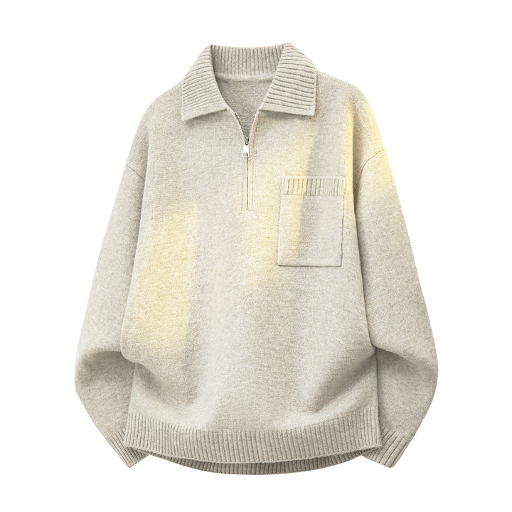 Women's Oversized Knit Sweater with Half-Zip, Ribbed Collar and Chest Pocket Mune Fashion