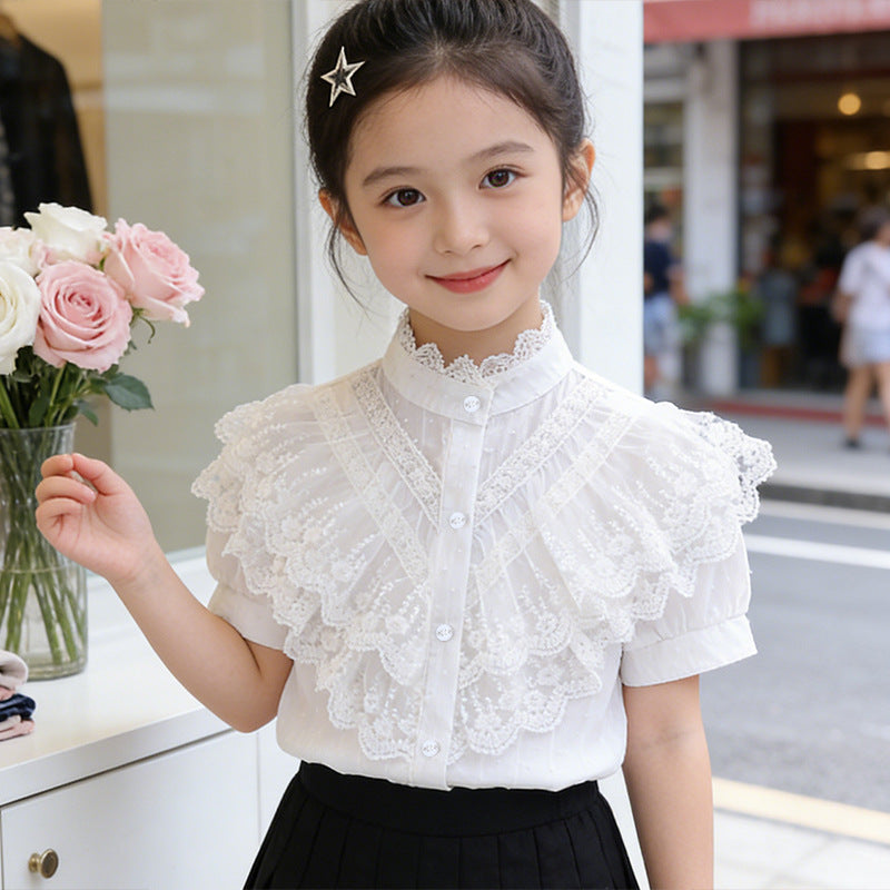Girls elegant ruffle blouse with lace trim Mune Fashion