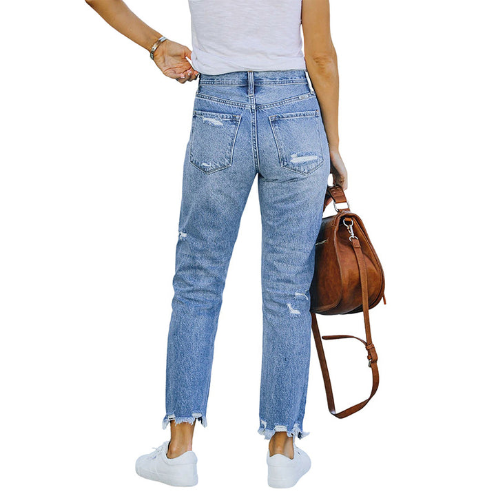 Women's High-Waist Jeans with straight leg, destroyed look and raw hem Mune Fashion