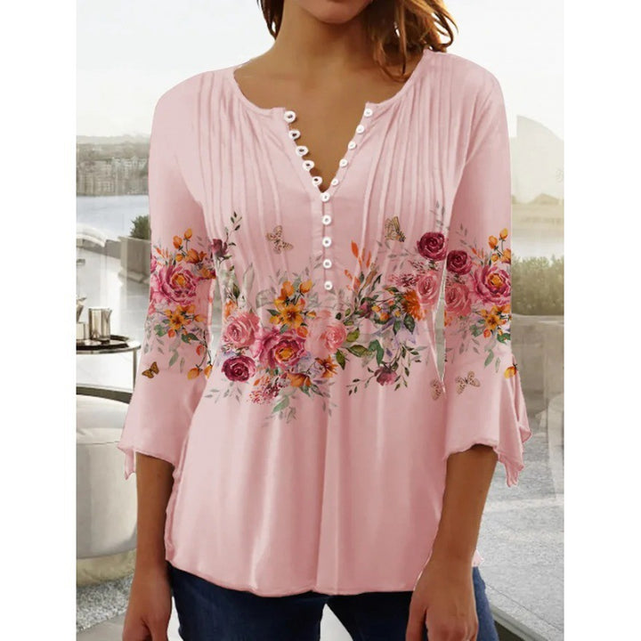 Women's Lightweight Viscose Tunic with V-Neck, Pleating and Floral Border Print Mune Fashion