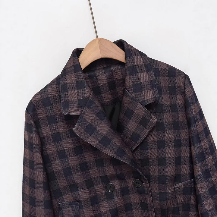 Women's Short Double-Breasted Jacket in Checked Design with Notched Collar and Waistband Mune Fashion