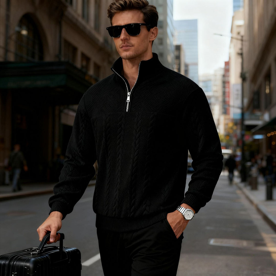 Men's chunky knit half-zip sweater with cable pattern and stand-up collar Mune Fashion