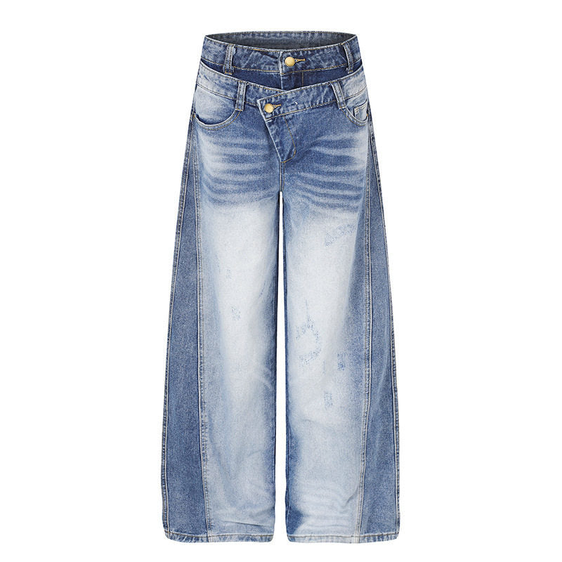 Women's jeans pants with wide culotte cut, asymmetrical double waistband and contrast side panels Mune Fashion