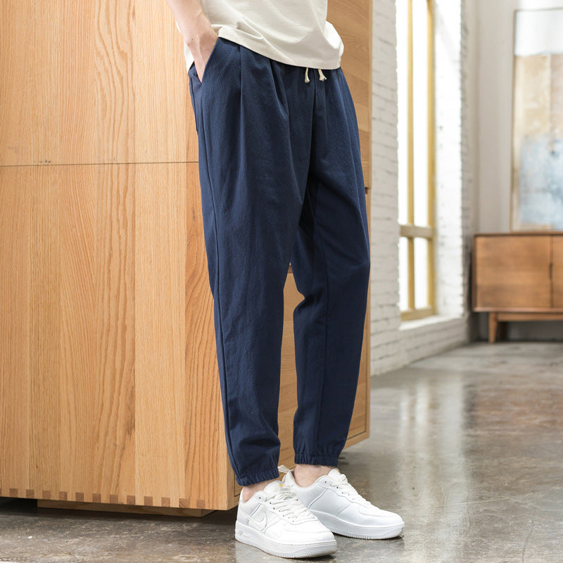 Men's Relaxed-Fit Linen Blend Jogging Pants with Pleats, Drawstring, and Elastic Cuffs Mune Fashion