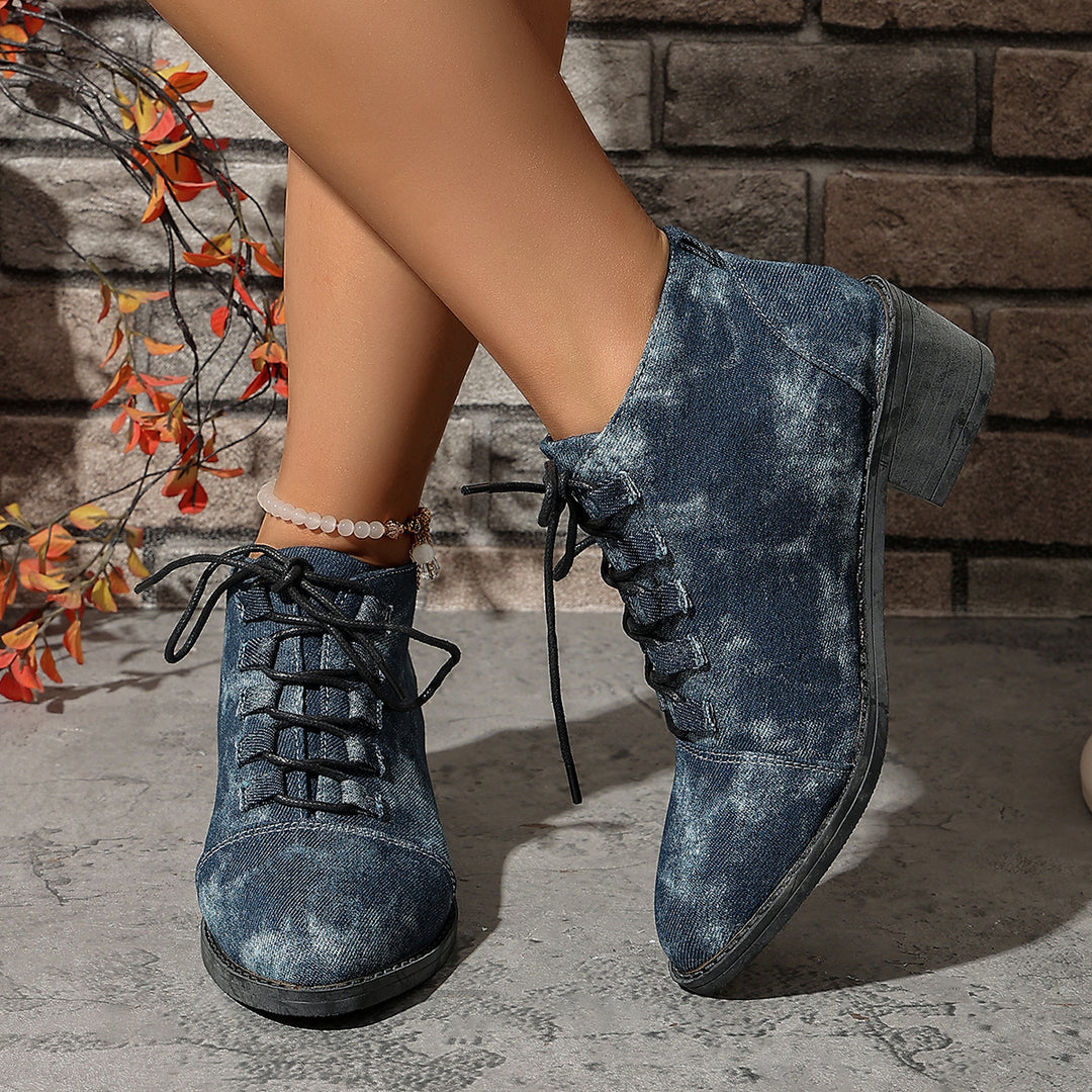 Women's jeans look lace-up ankle boots with low block heel Mune Fashion