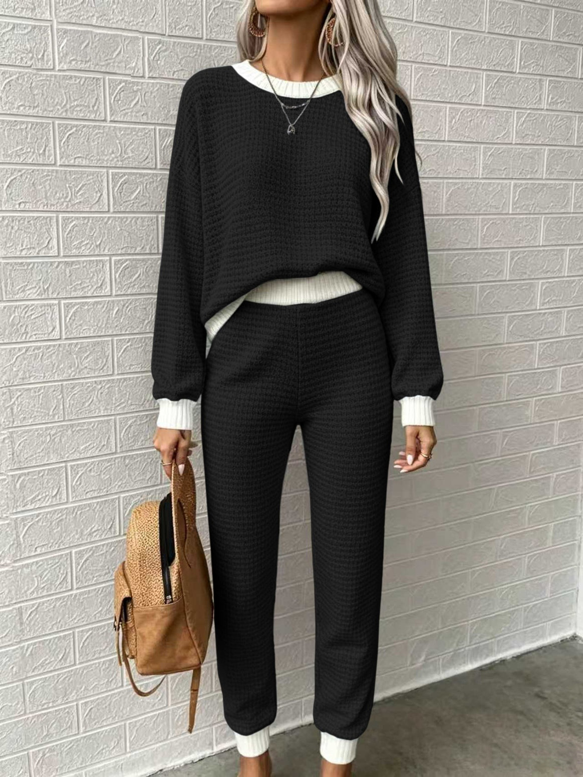 Women Comfortable Waffle Knit Lounge Set with Ribbed Cuffs Mune Fashion