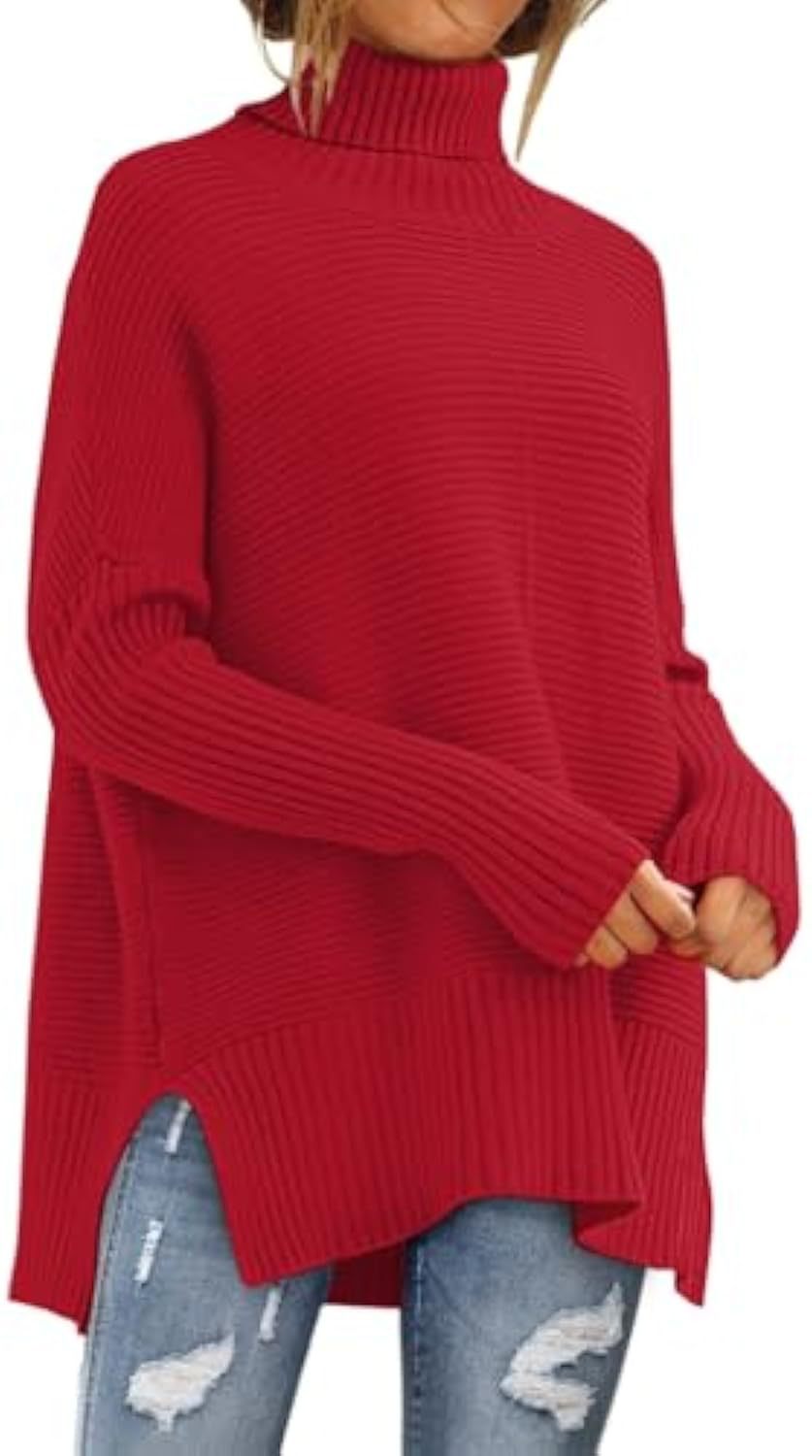 Women Oversize Ribbed Turtleneck Sweater with Side Slits and Extended Hem