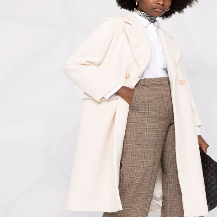 Women Mid-length Tailored Wool Blend Coat with Double Breasted, Patch Pockets and Subtle Decorative Buttons Mune Fashion