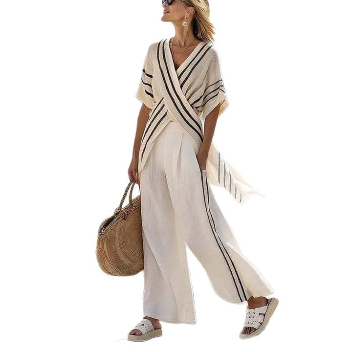Women’s resort-inspired set with crossover kimono tunic and high-waisted palazzo pants Mune Fashion