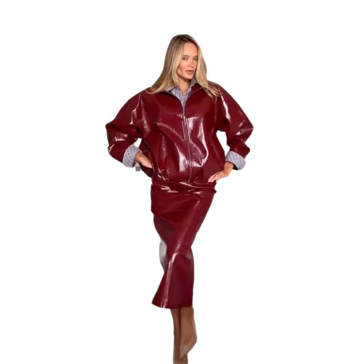 Women's Shiny Faux Leather Two-Piece with Oversized Zip Jacket and Tailored Midi Skirt Mune Fashion