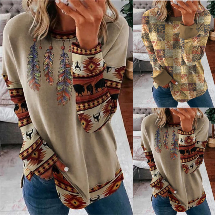 Women's long sleeve shirt in patchwork quilt design with soft round neck and contrasting cuffs Mune Fashion