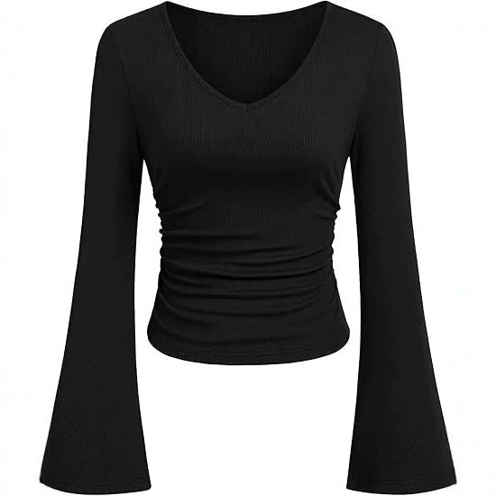 Women's Ribbed Crop Top with V-Neck, Tailored Gathering and Flared Trumpet Sleeves Mune Fashion