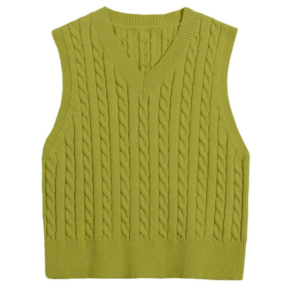 Ladies' Knit Vest with V-Neck and Cable Pattern Mune