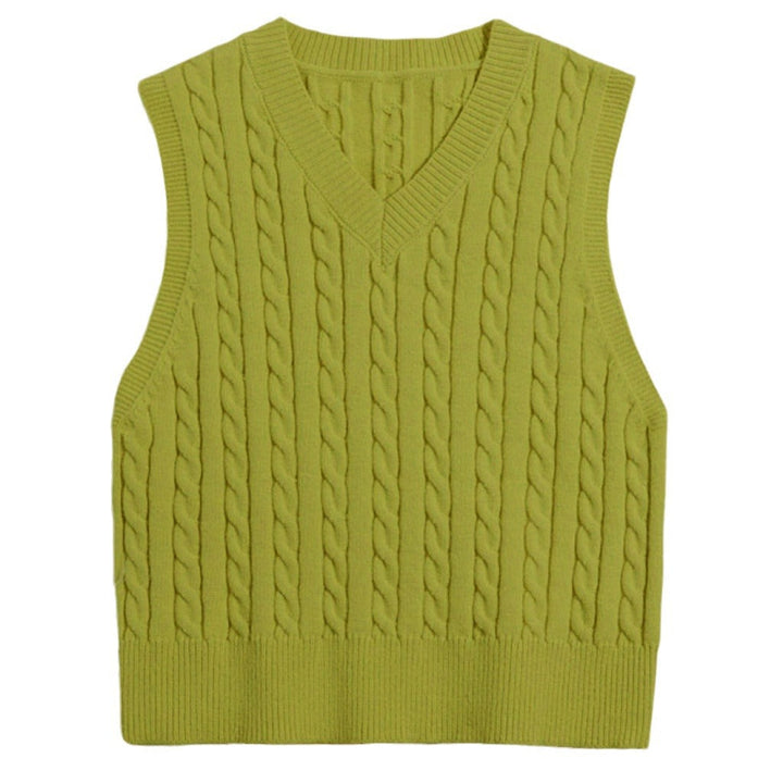 Ladies' Knit Vest with V-Neck and Cable Pattern Mune