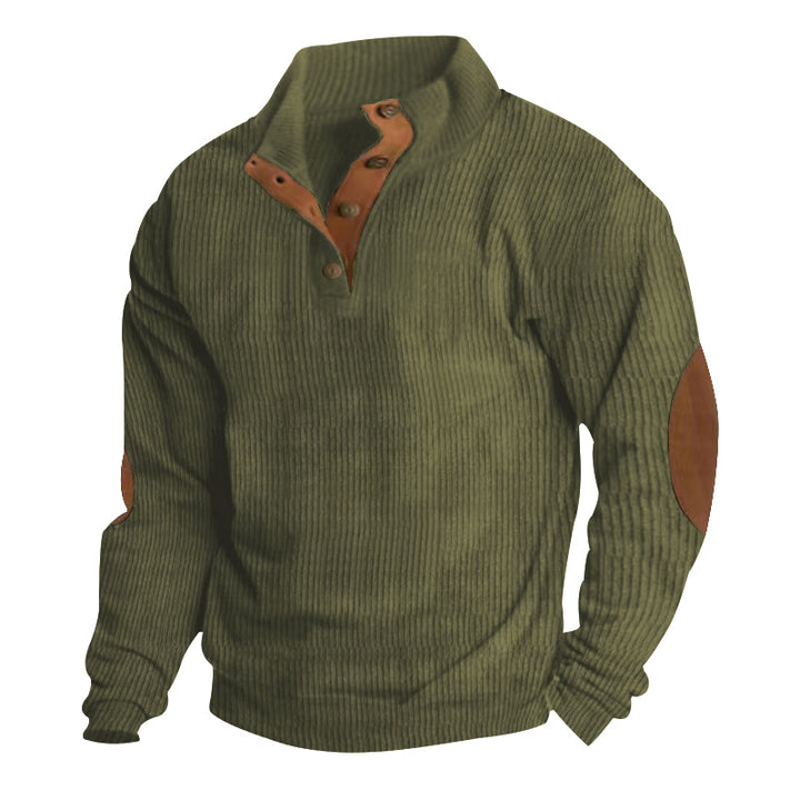 Men's Ribbed Henley Sweater with Stand Collar, Button Placket & Leather Elbow Patches Mune Fashion