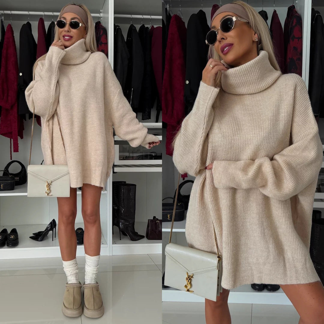 Women's cozy chunky knit mini dress with extra high turtleneck and oversized fit Mune Fashion