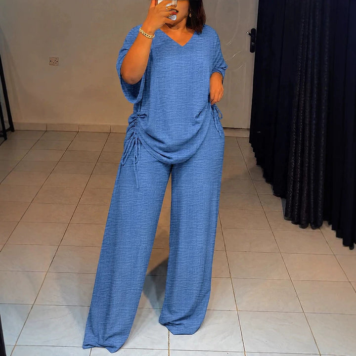 Women's Oversize Lounge Set with V-neck, side gathering, and wide palazzo pants Drune