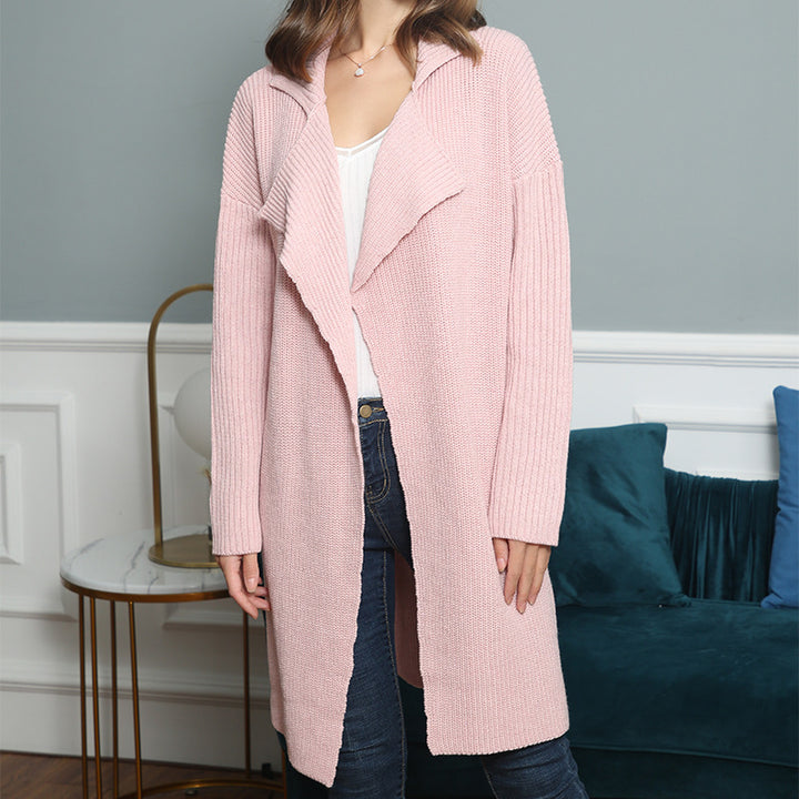Women's longer open ribbed knit cardigan with wide shawl collar Mune Fashion