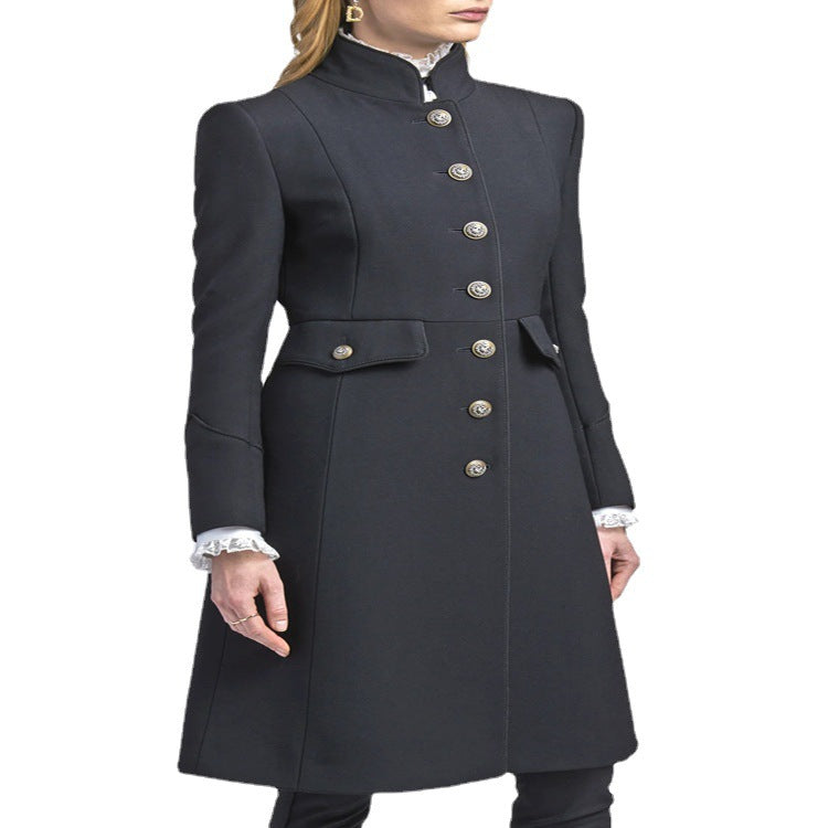 Women's Tailored Coat in Uniform Tailoring with Stand-Up Collar, Decorative Button Placket and Patch Pockets Mune Fashion