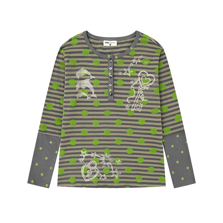 Women Striped Henley Long Sleeve Shirt with Contrast Sleeves, Star Print and Decorative Stone Motifs Mune Fashion