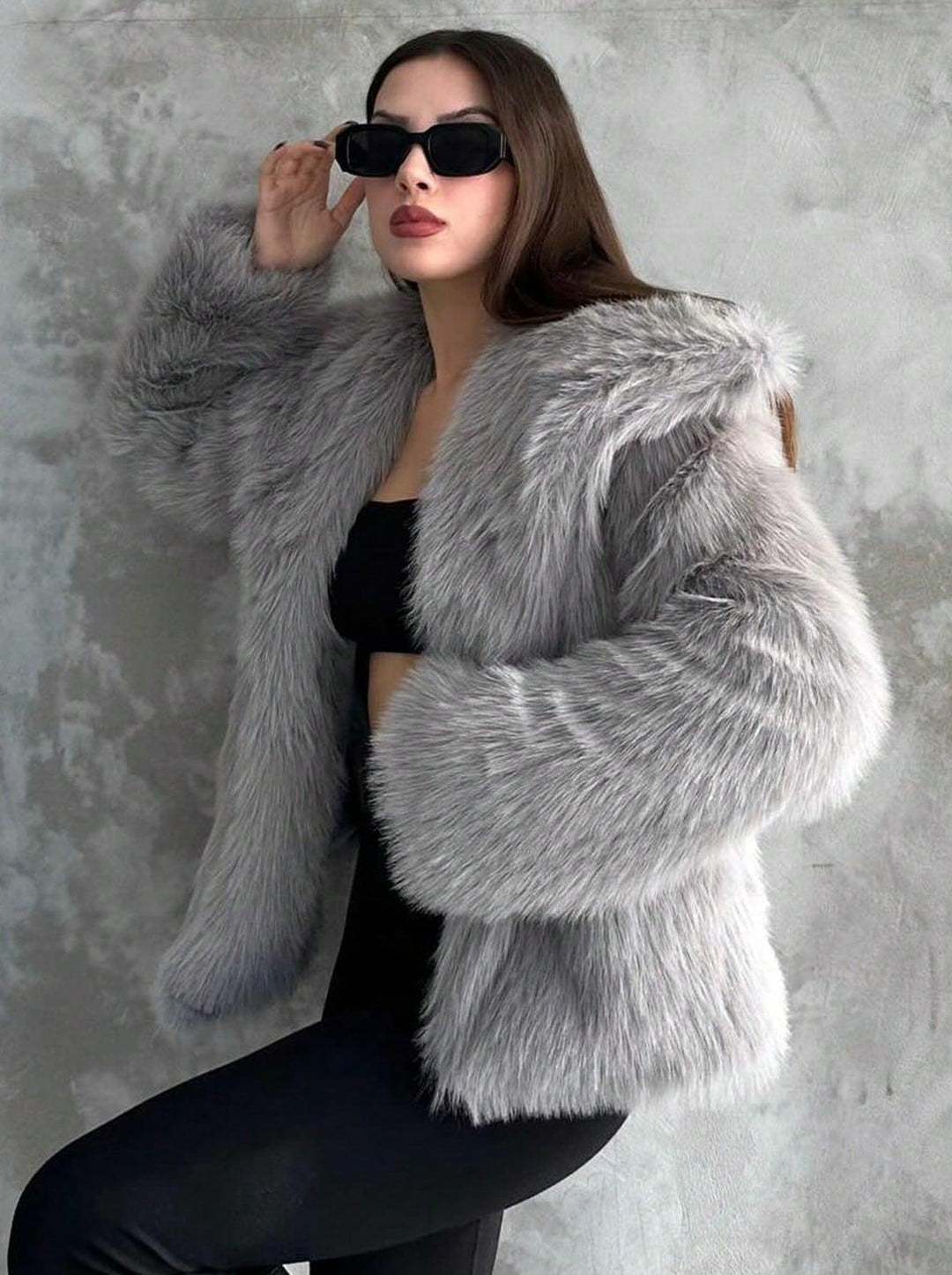 Women Short Faux Fur Jacket with Voluminous Shawl Collar Mune Fashion