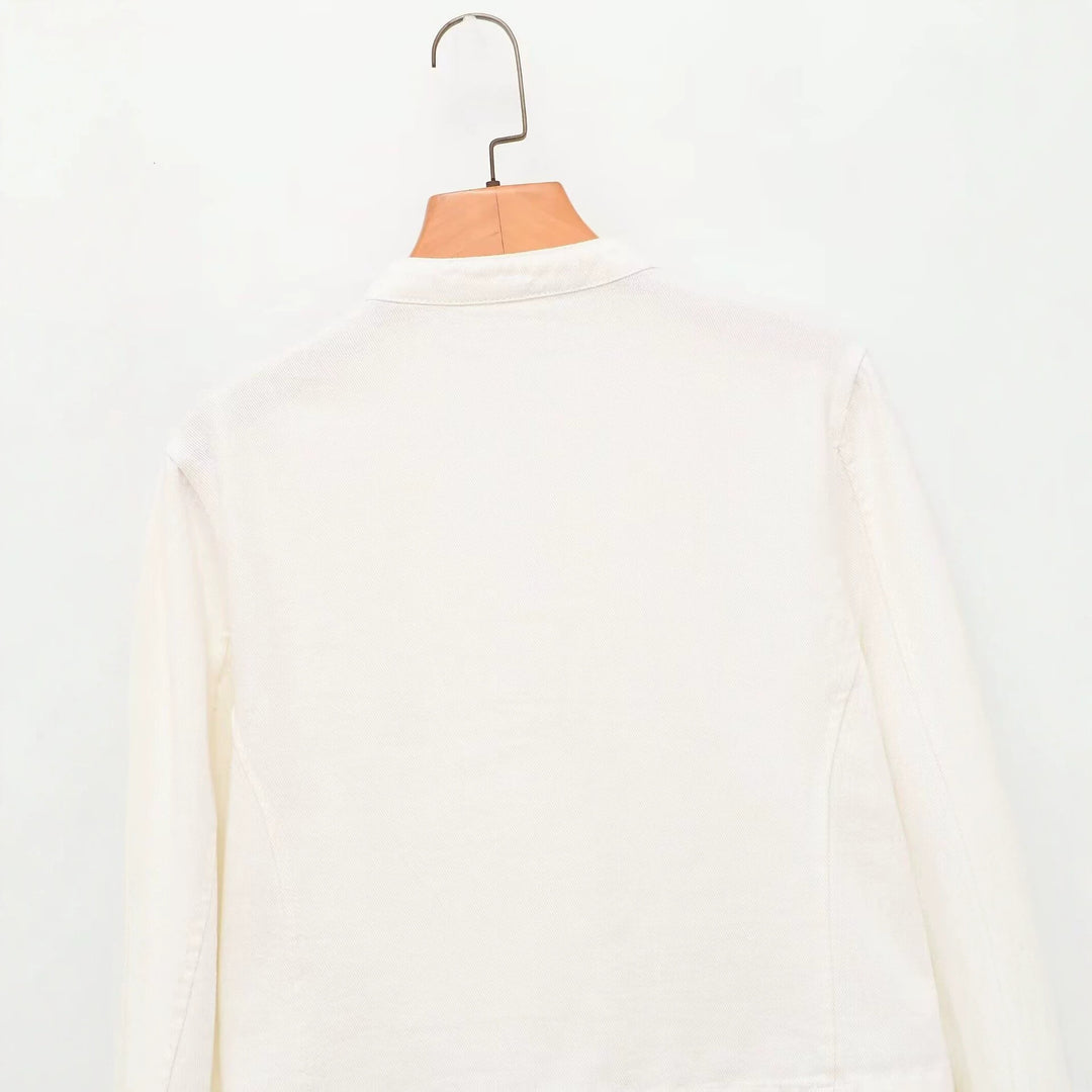 Women's military-style jeans jacket with stand-up collar and decorative button plackets Mune Fashion