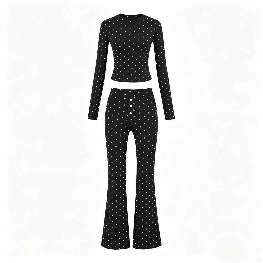 Women Two-Piece Stretch Jersey Lounge Set with Cropped Long Sleeve and High-Waist Flared Pants Mune Fashion