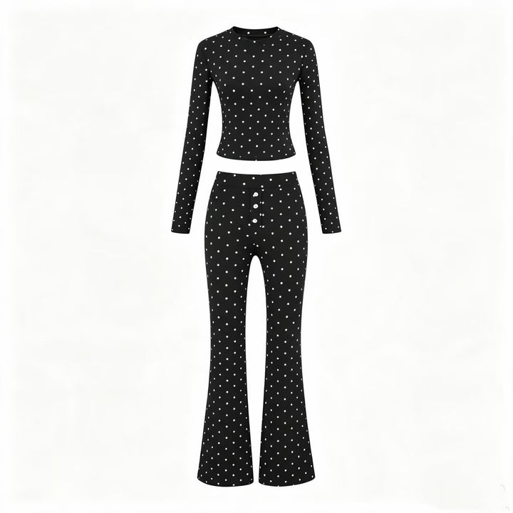 Women Two-Piece Stretch Jersey Lounge Set with Cropped Long Sleeve and High-Waist Flared Pants Mune Fashion