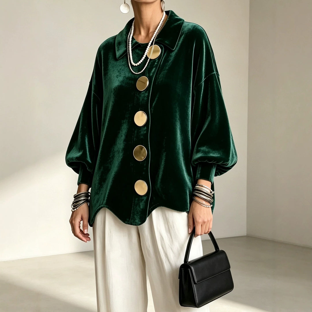 Women's Oversized Velvet Jacket with Large Decorative Buttons and Balloon Sleeves Mune Fashion