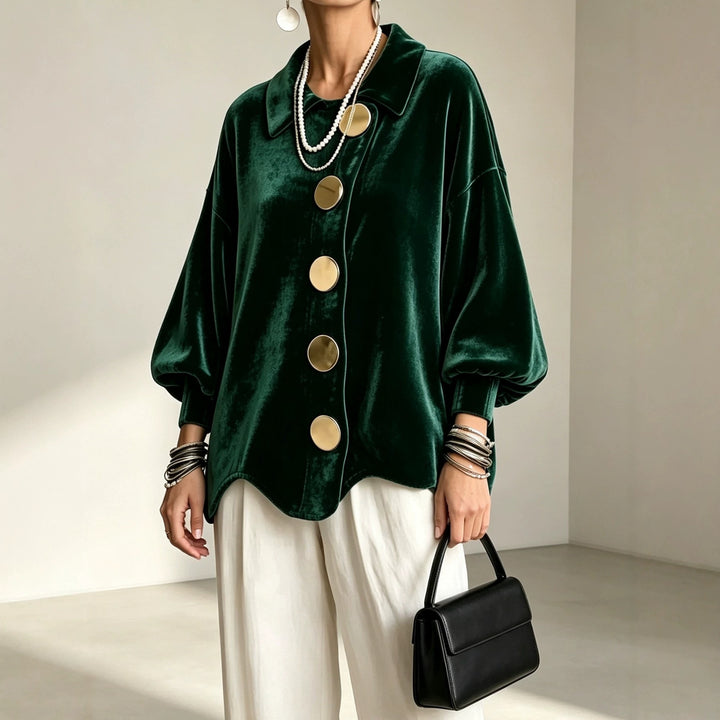 Women's Oversized Velvet Jacket with Large Decorative Buttons and Balloon Sleeves Mune Fashion