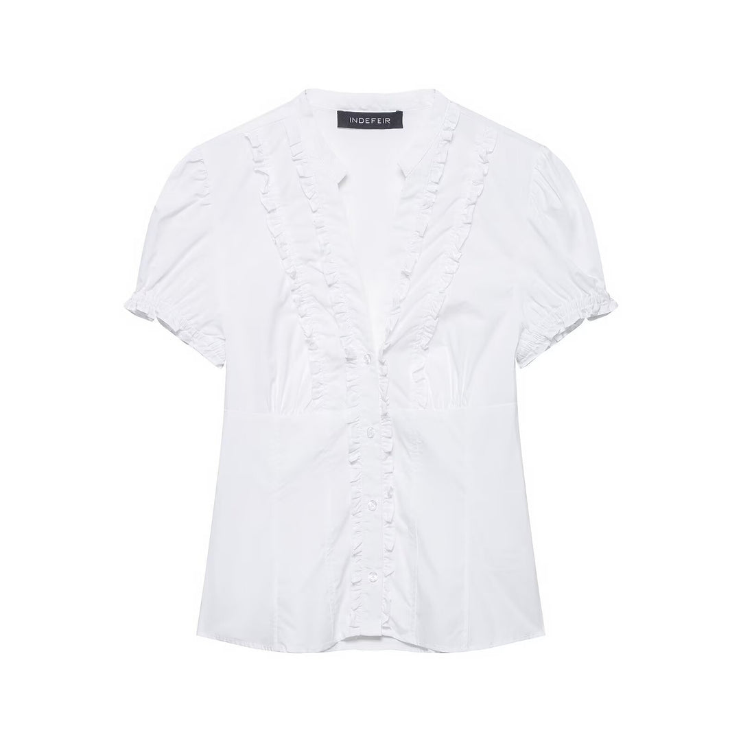 Women's ruffled blouse with V-neck, puff sleeves, and fitted cut Mune Fashion