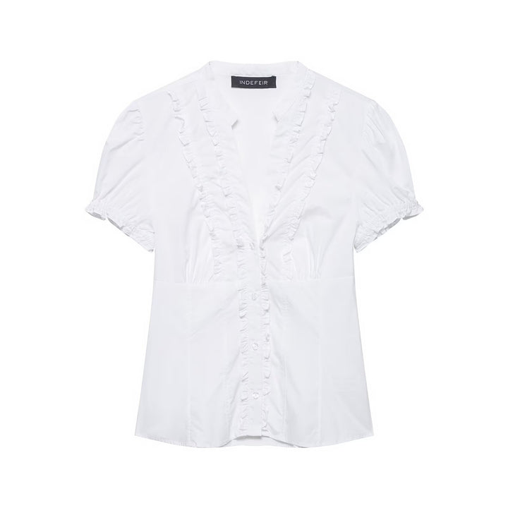 Women's ruffled blouse with V-neck, puff sleeves, and fitted cut Mune Fashion