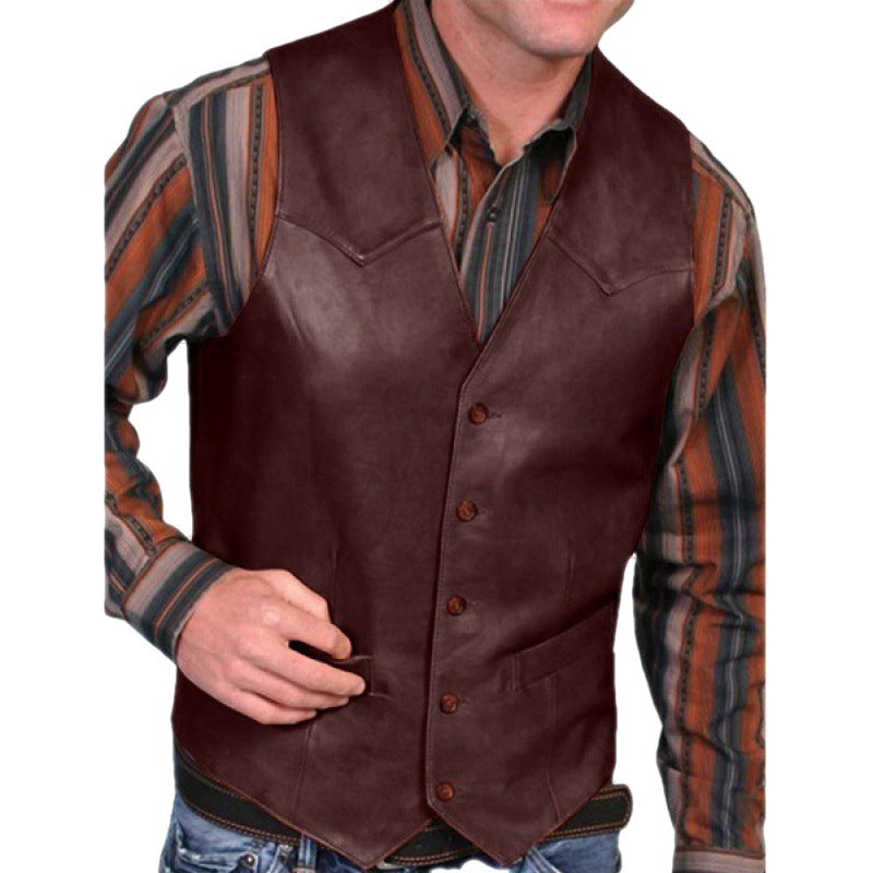 Men's tailored leather vest with western details, V-neck and two side pockets Mune Fashion