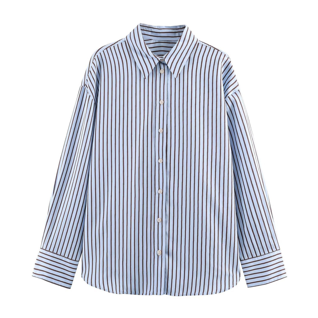 Women’s Oversize Striped Shirt Blouse with Kent Collar, Continuous Button Placket and Long Cuff Mune Fashion