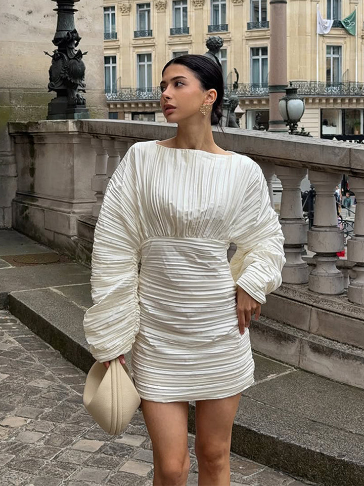 Women's gathered pleated mini dress with balloon sleeves and tailored silhouette Mune Fashion