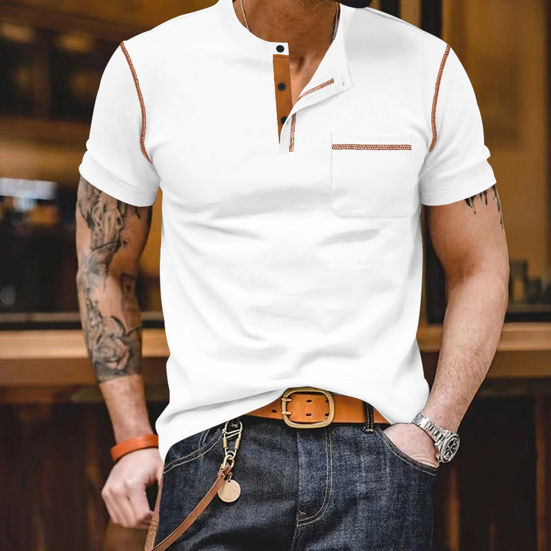 Men's short-sleeve shirt with stand-up collar, half-button placket, and chest pocket Mune Fashion