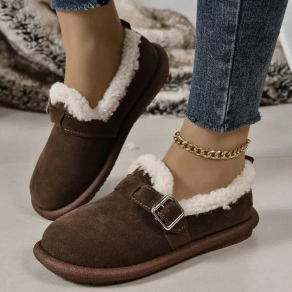 Women's Fleece Lined Velour Imitation Slippers with Adjustable Buckle Strap Mune Fashion